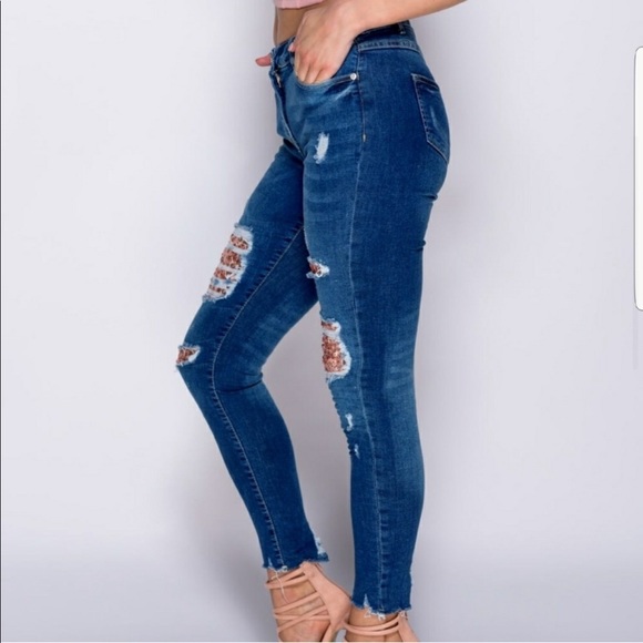 FINAL PRICE Rose Gold Sequin Skinny Jeans - Picture 4 of 8